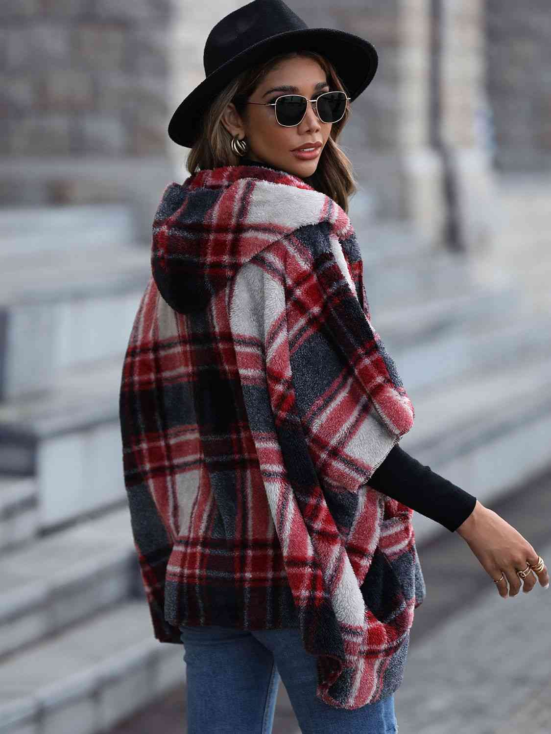 Plaid Hooded Coat with Pockets - Coat - Black - Bella Bourget