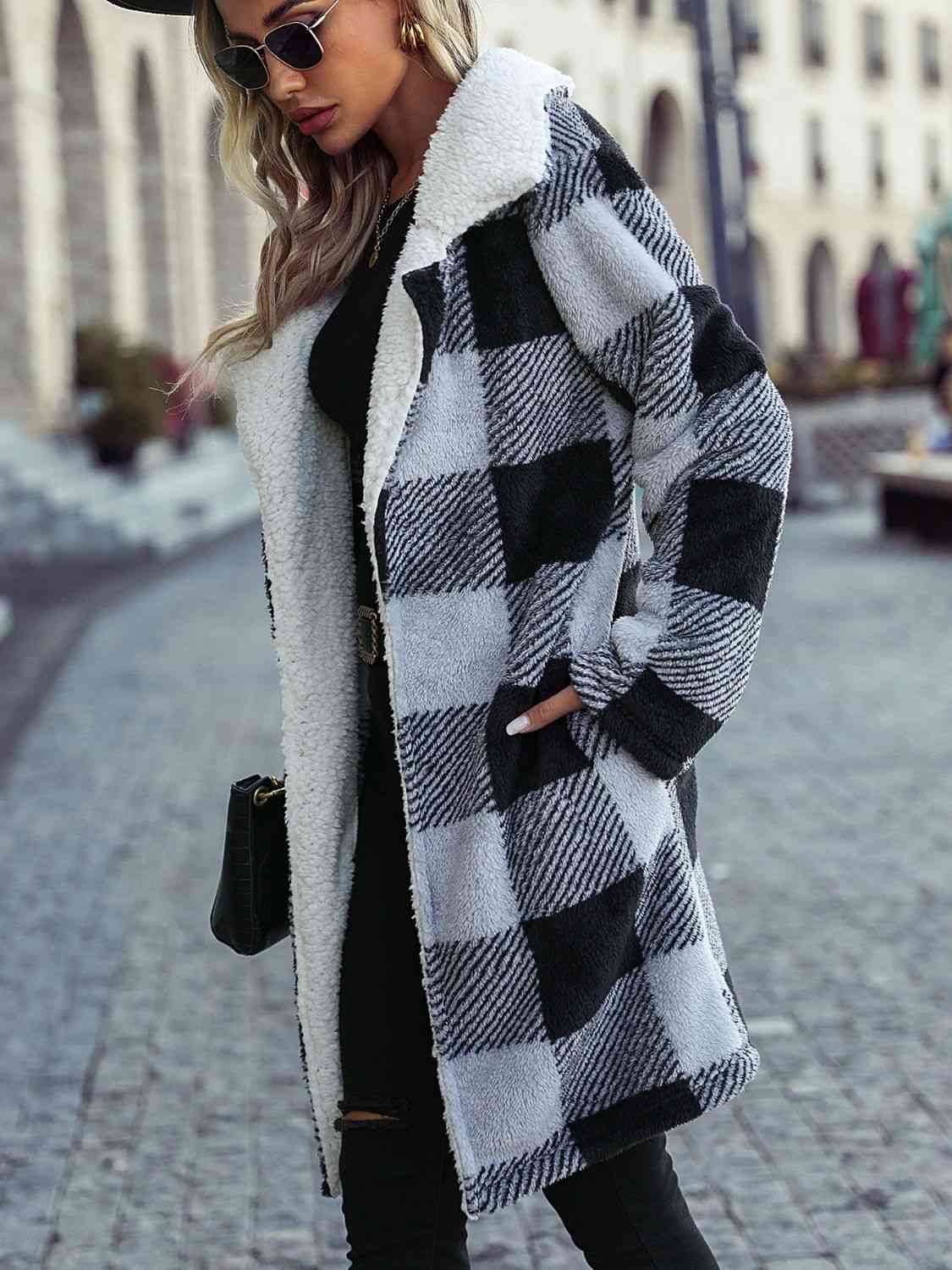 Plaid Open Front Coat with Pockets - Coat - Black - Bella Bourget