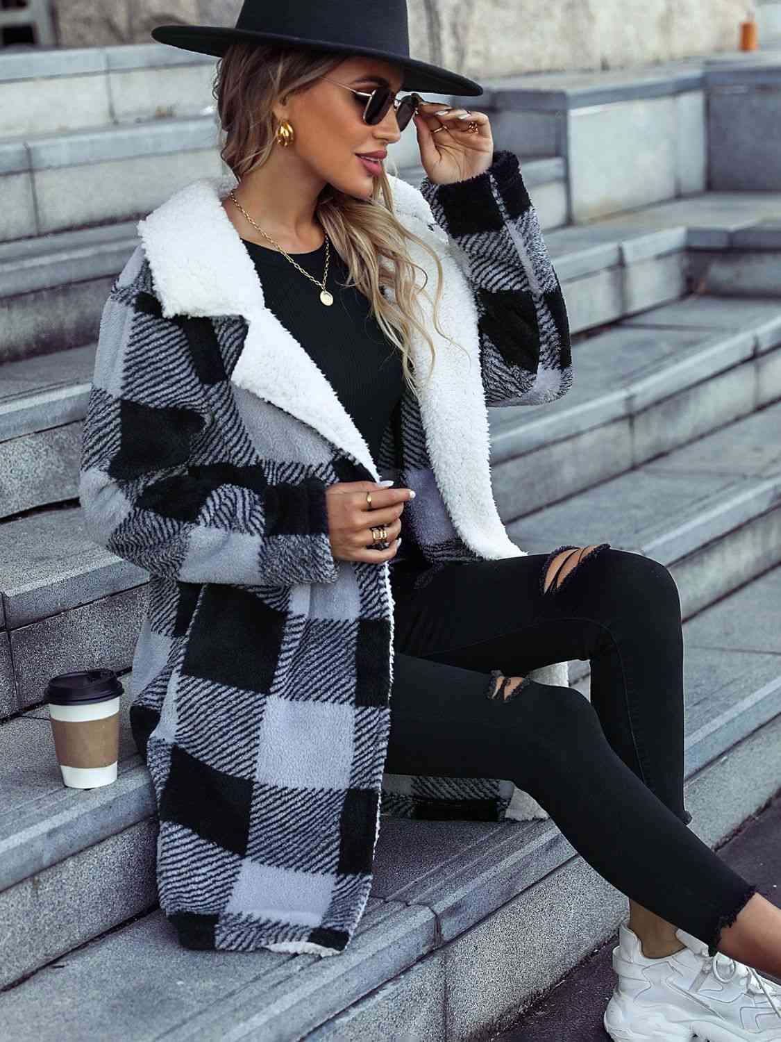 Plaid Open Front Coat with Pockets - Coat - Black - Bella Bourget