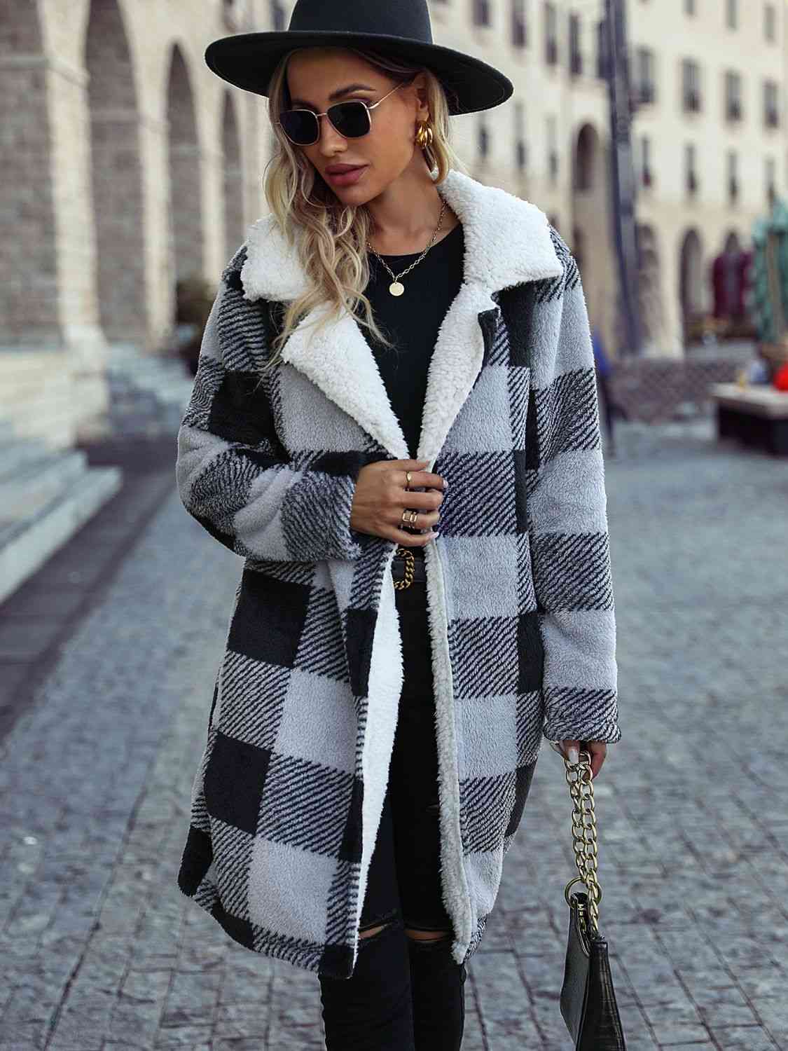 Plaid Open Front Coat with Pockets - Coat - Black - Bella Bourget