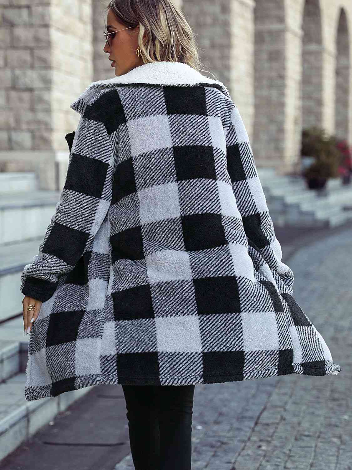 Plaid Open Front Coat with Pockets - Coat - Black - Bella Bourget