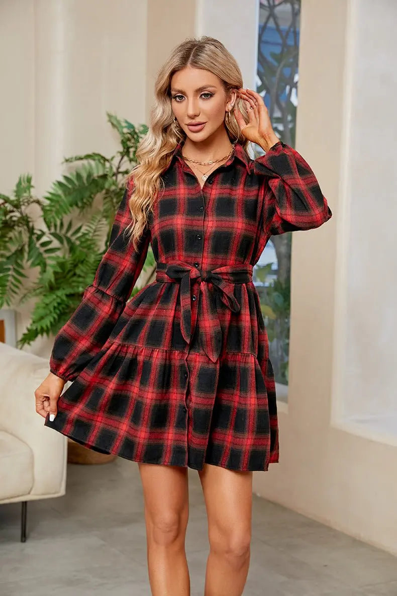 Plaid Print Tie Waist Collared Neck Shirt Dress - Dress - Plaid - Bella Bourget