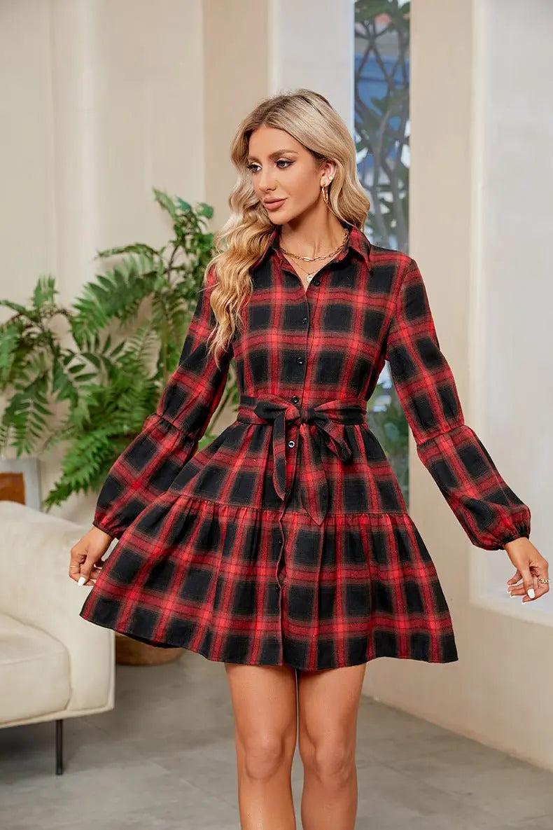 Plaid Print Tie Waist Collared Neck Shirt Dress - Dress - Plaid - Bella Bourget