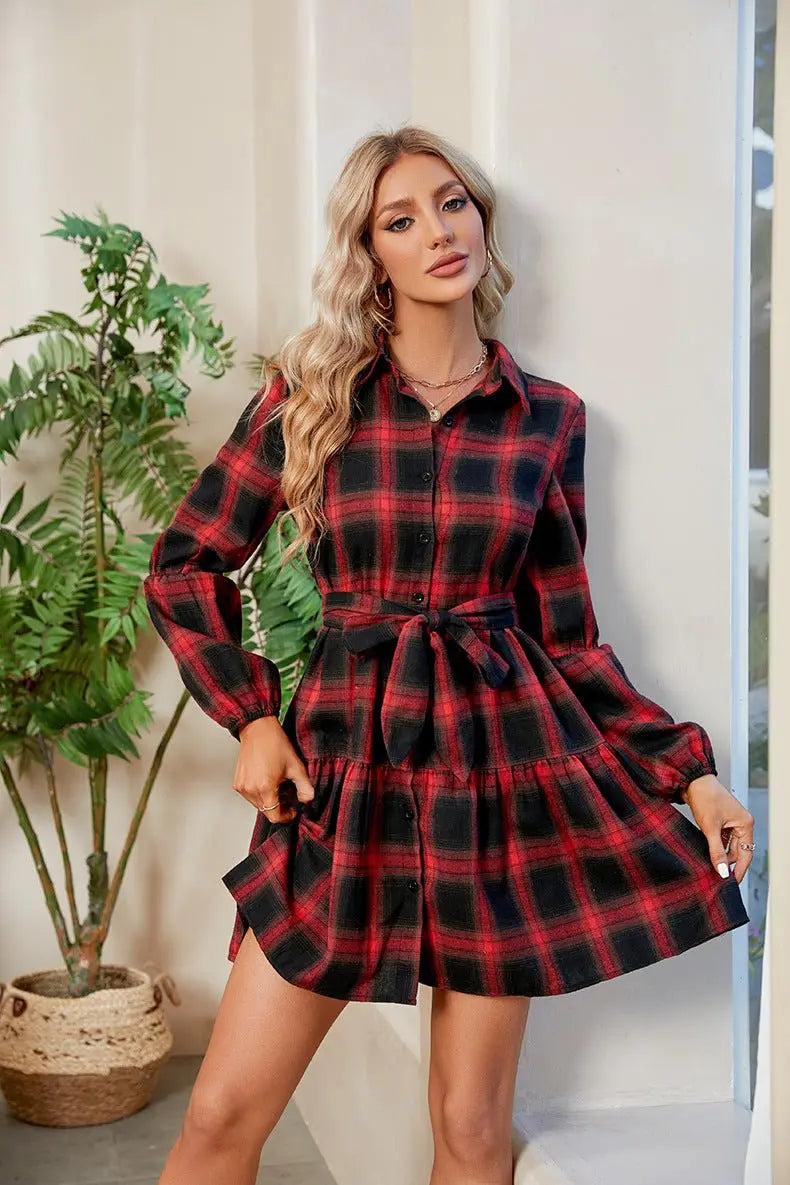 Plaid Print Tie Waist Collared Neck Shirt Dress - Dress - Plaid - Bella Bourget