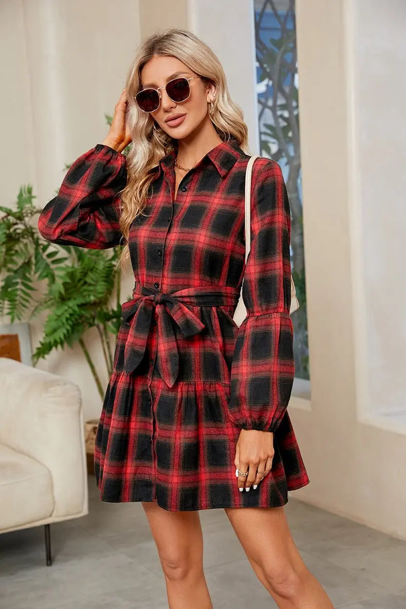 Plaid Print Tie Waist Collared Neck Shirt Dress - Dress - Plaid - Bella Bourget