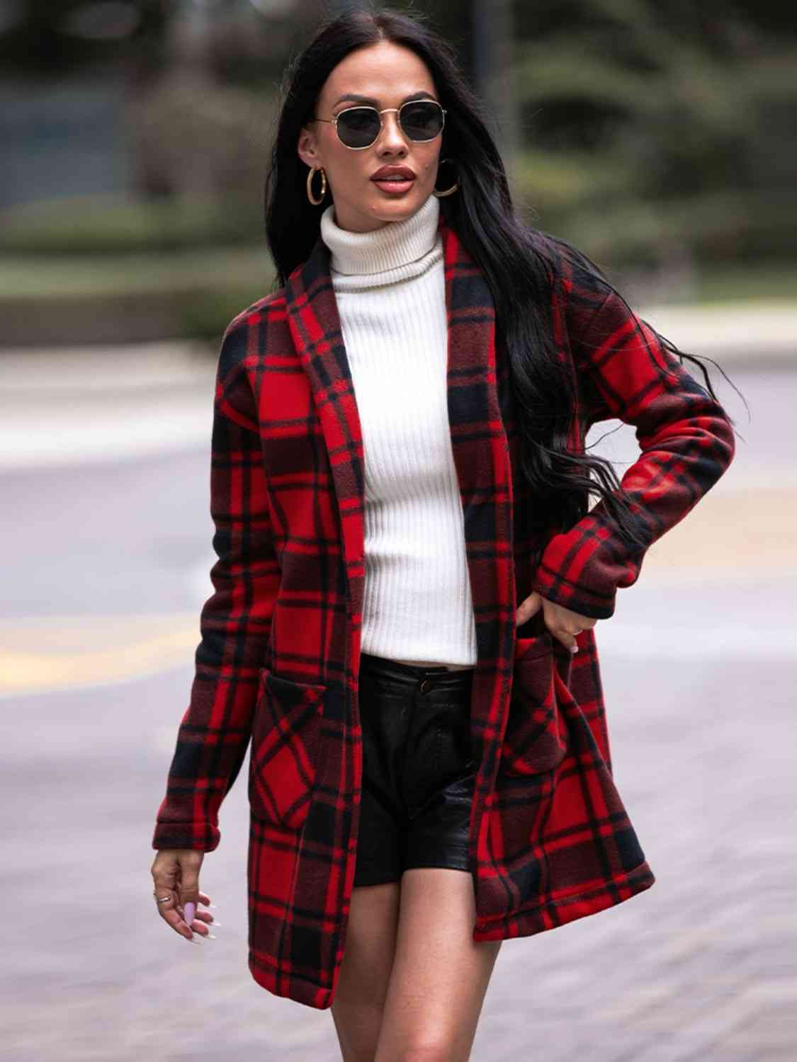 Plaid Coat with Pockets - Coat - Deep Red - Bella Bourget