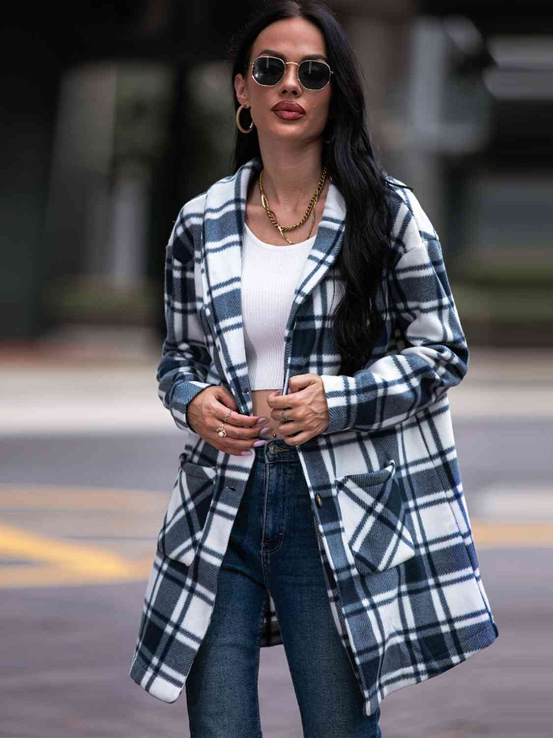 Plaid Coat with Pockets - Coat - Black - Bella Bourget