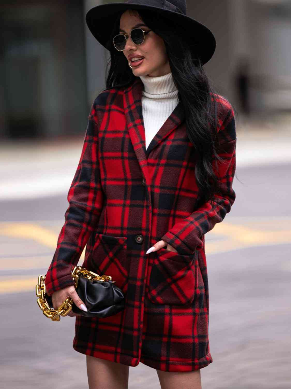 Plaid Coat with Pockets - Coat - Deep Red - Bella Bourget