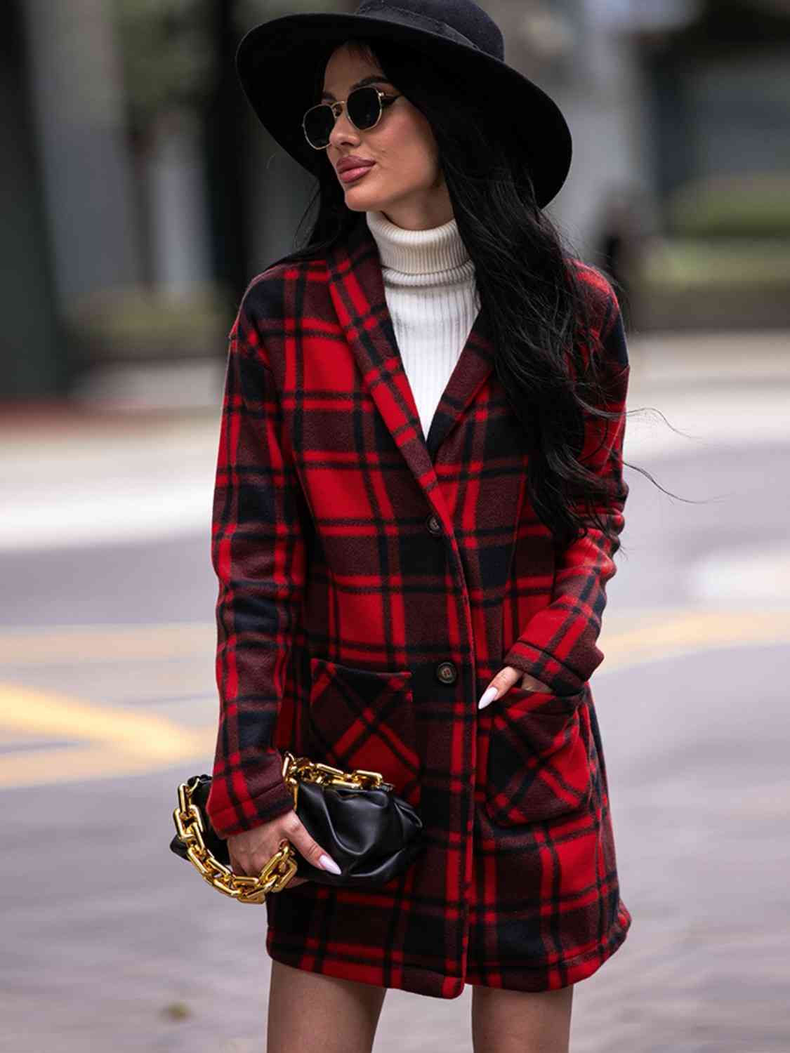 Plaid Coat with Pockets - Coat - Deep Red - Bella Bourget