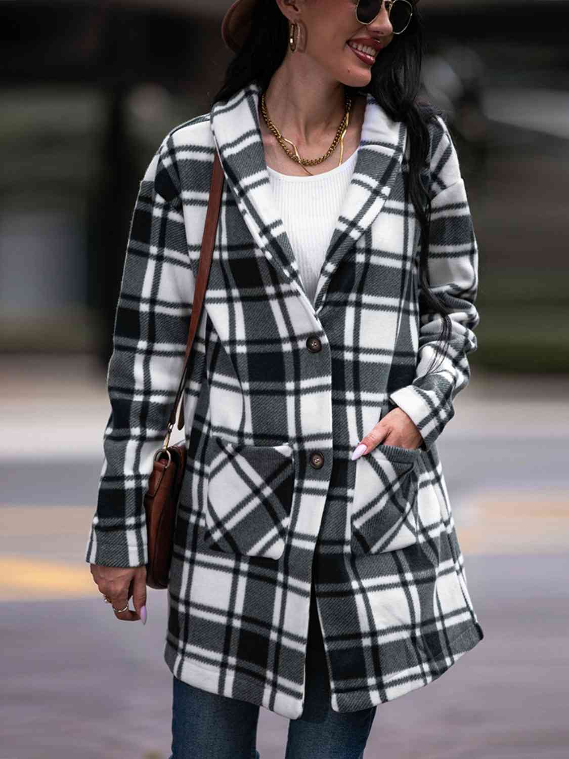 Plaid Coat with Pockets - Coat - Black - Bella Bourget