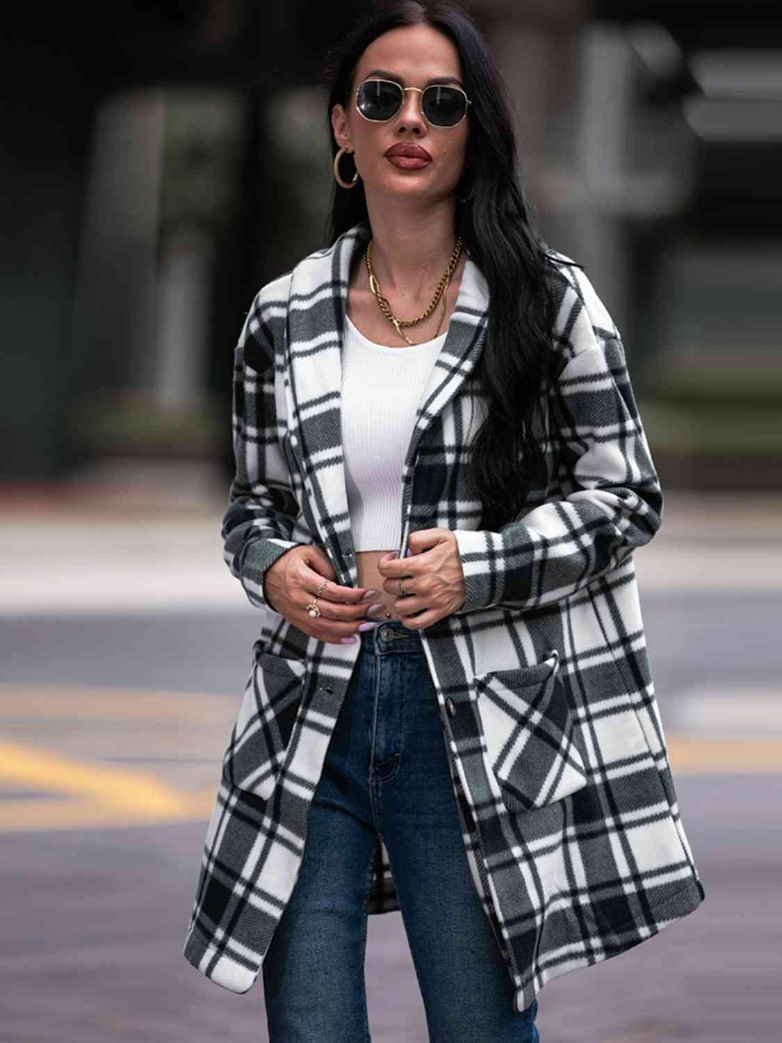 Plaid Coat with Pockets - Coat - Black - Bella Bourget