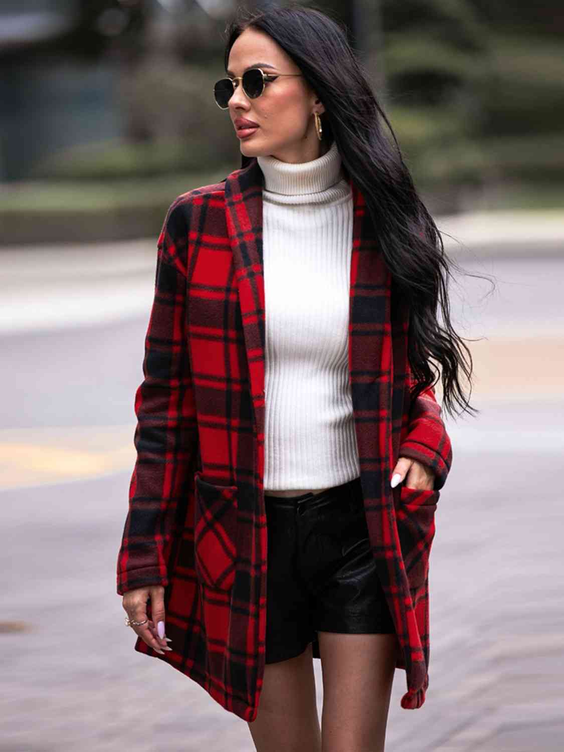 Plaid Coat with Pockets - Coat - Deep Red - Bella Bourget