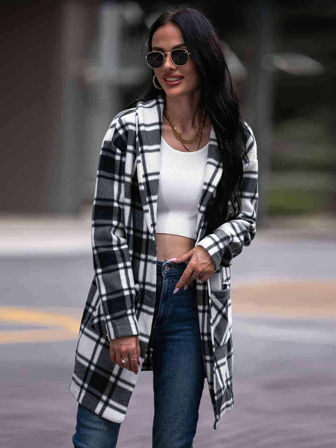 Plaid Coat with Pockets - Coat - Black - Bella Bourget