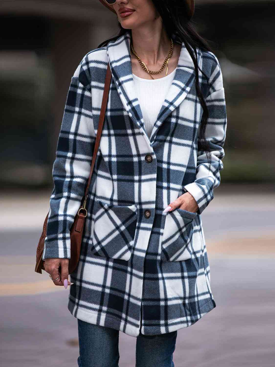 Plaid Coat with Pockets - Coat - Navy - Bella Bourget