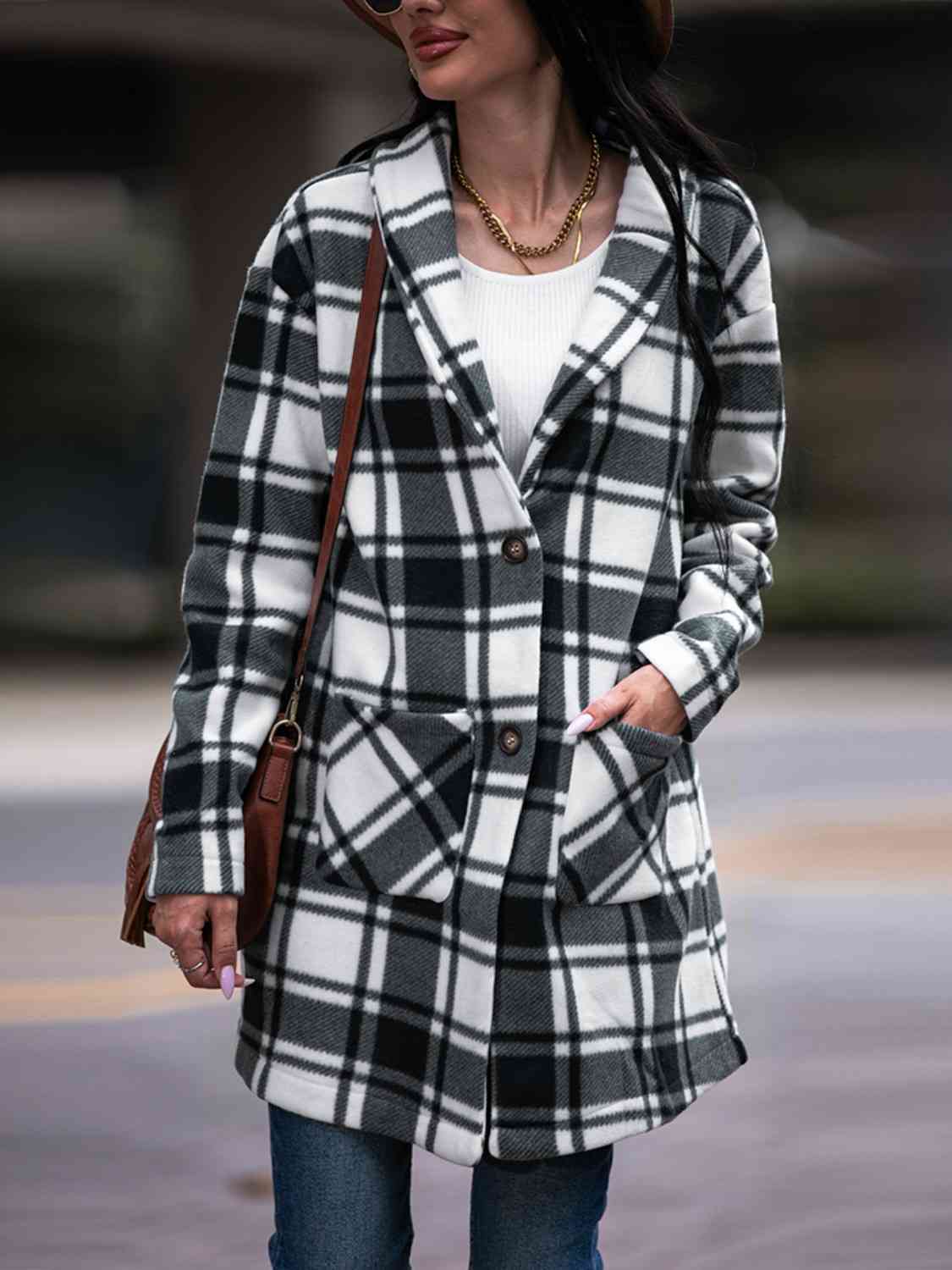 Plaid Coat with Pockets - Coat - Black - Bella Bourget