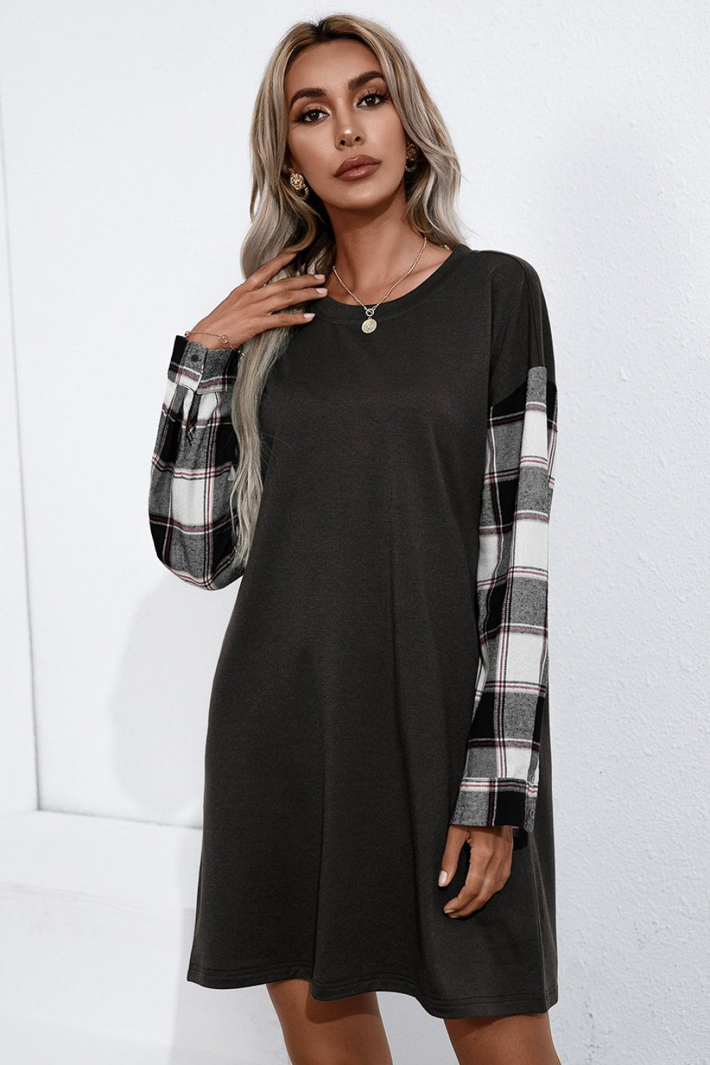 Plaid Sleeve Contrast T - Shirt Dress - Dress - Gray - Bella Bourget