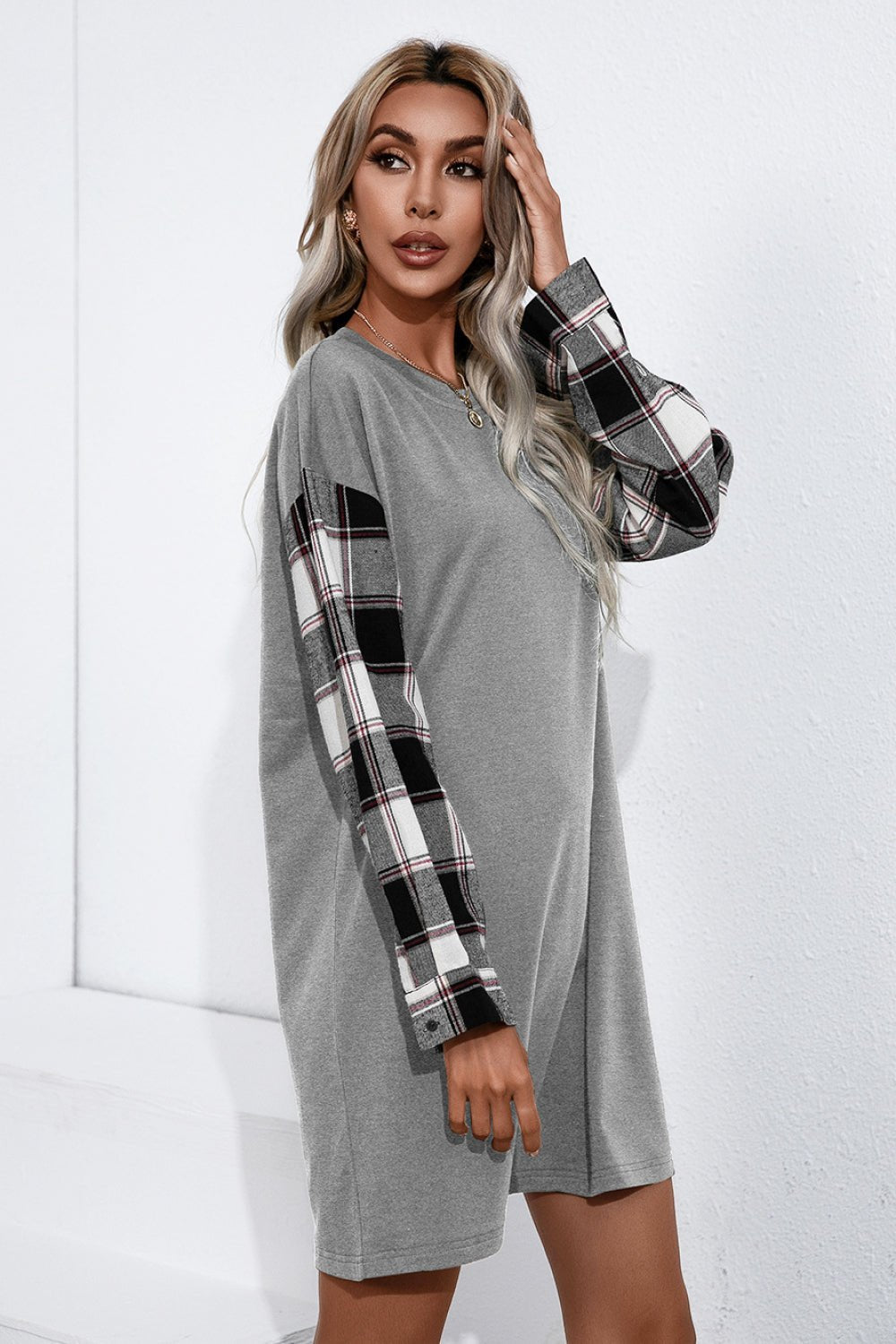 Plaid Sleeve Contrast T - Shirt Dress - Dress - Gray - Bella Bourget