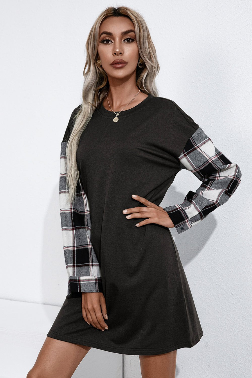 Plaid Sleeve Contrast T - Shirt Dress - Dress - Black - Bella Bourget