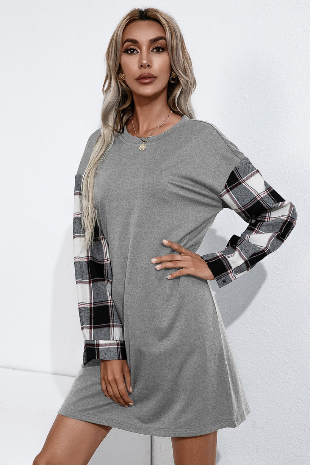 Plaid Sleeve Contrast T - Shirt Dress - Dress - Gray - Bella Bourget