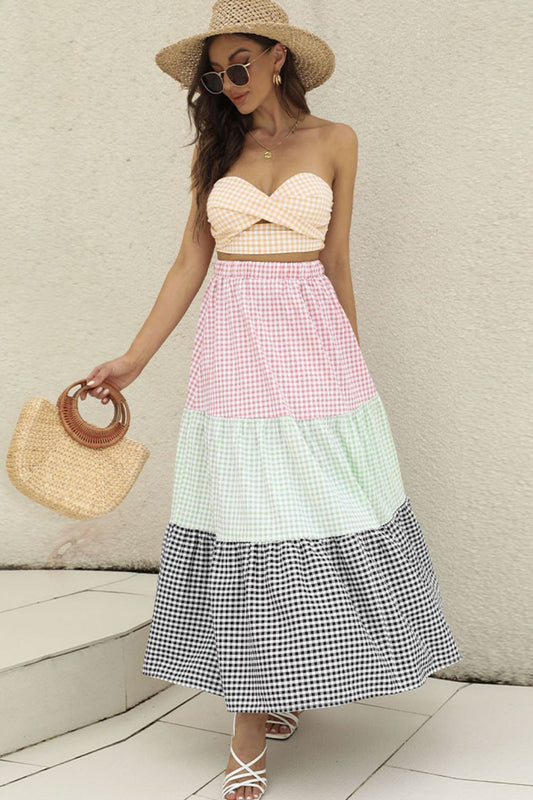 Plaid Strapless Top and Tiered Skirt Set - Two - Piece Set - Multicolor - Bella Bourget