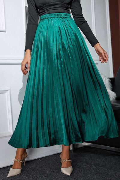 Pleated Elastic Waist Midi Skirt - Skirt - Teal - Bella Bourget