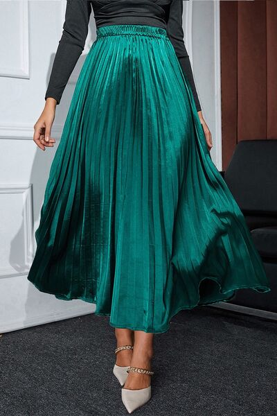 Pleated Elastic Waist Midi Skirt - Skirt - Teal - Bella Bourget