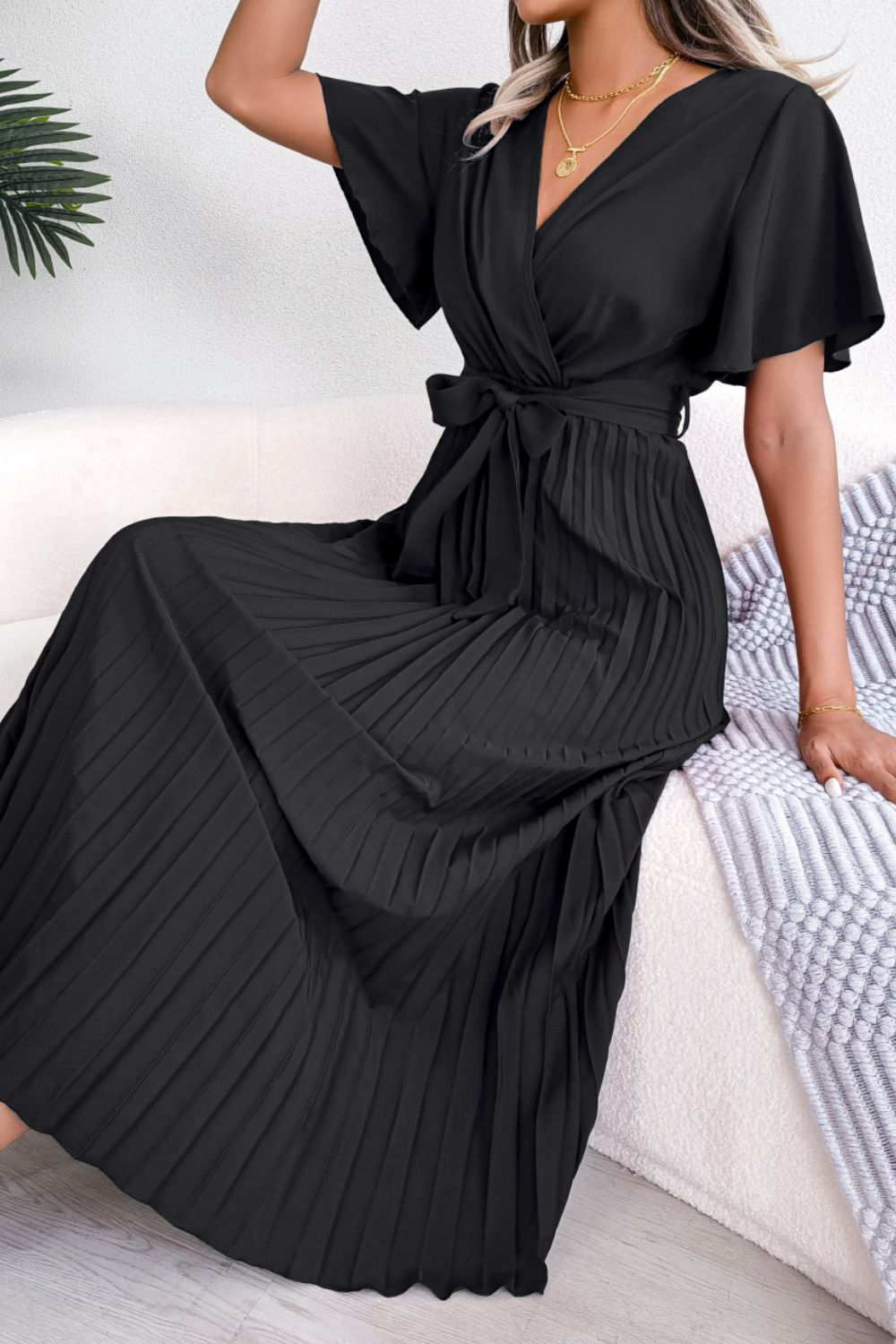 Pleated Flutter Sleeve Belted Dress - Dress - Black - Bella Bourget