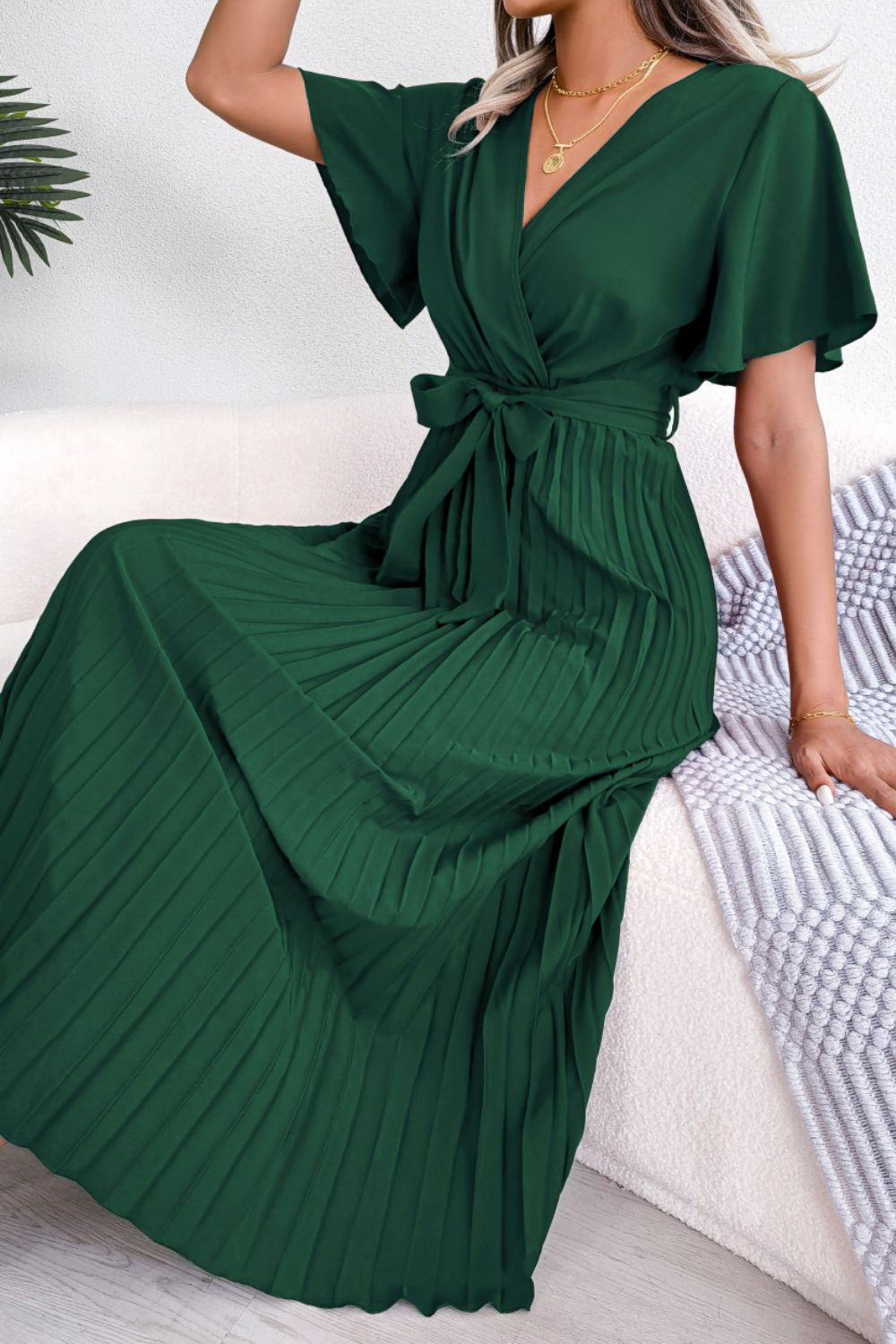 Pleated Flutter Sleeve Belted Dress - Dress - Green - Bella Bourget