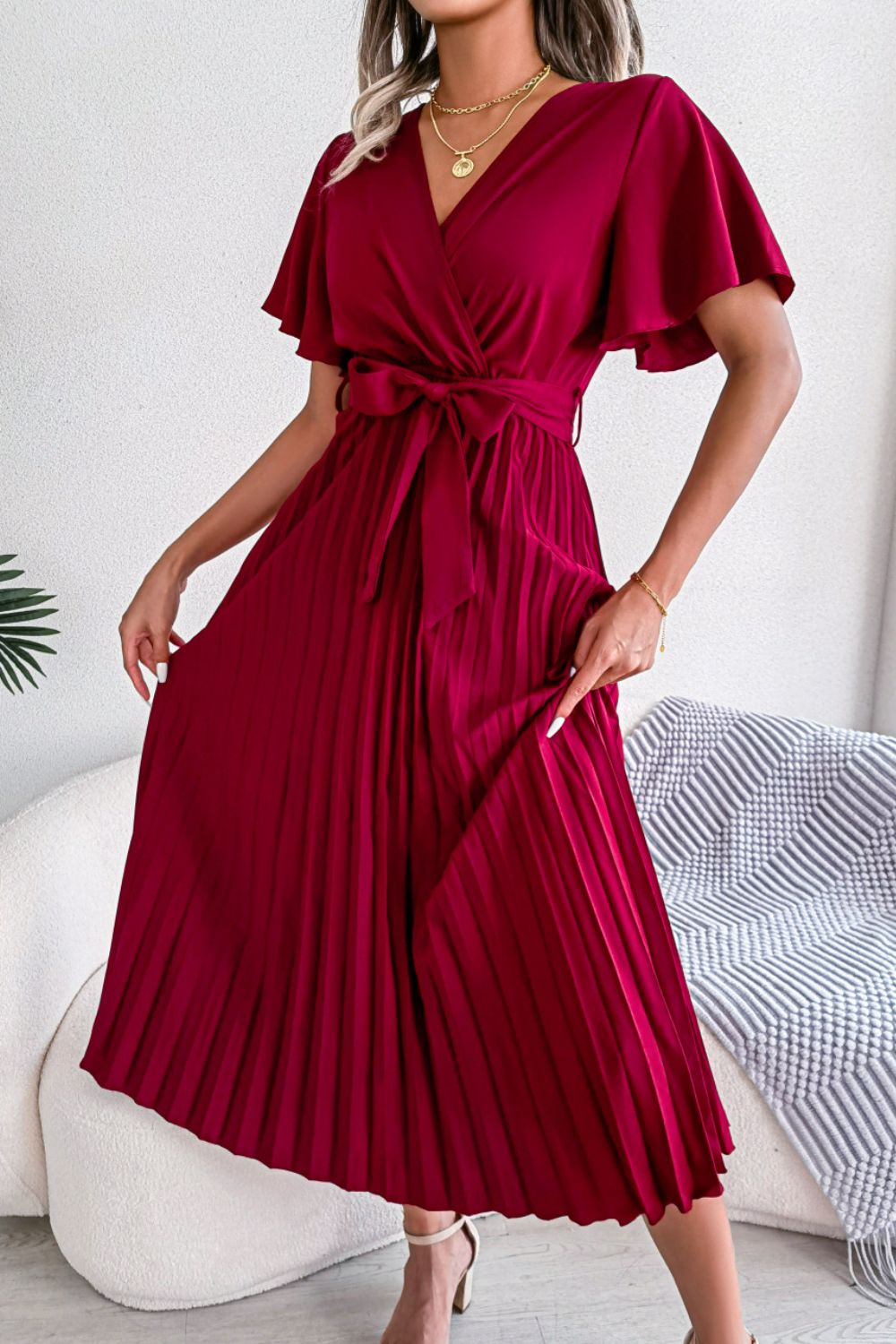 Pleated Flutter Sleeve Belted Dress - Dress - Red - Bella Bourget