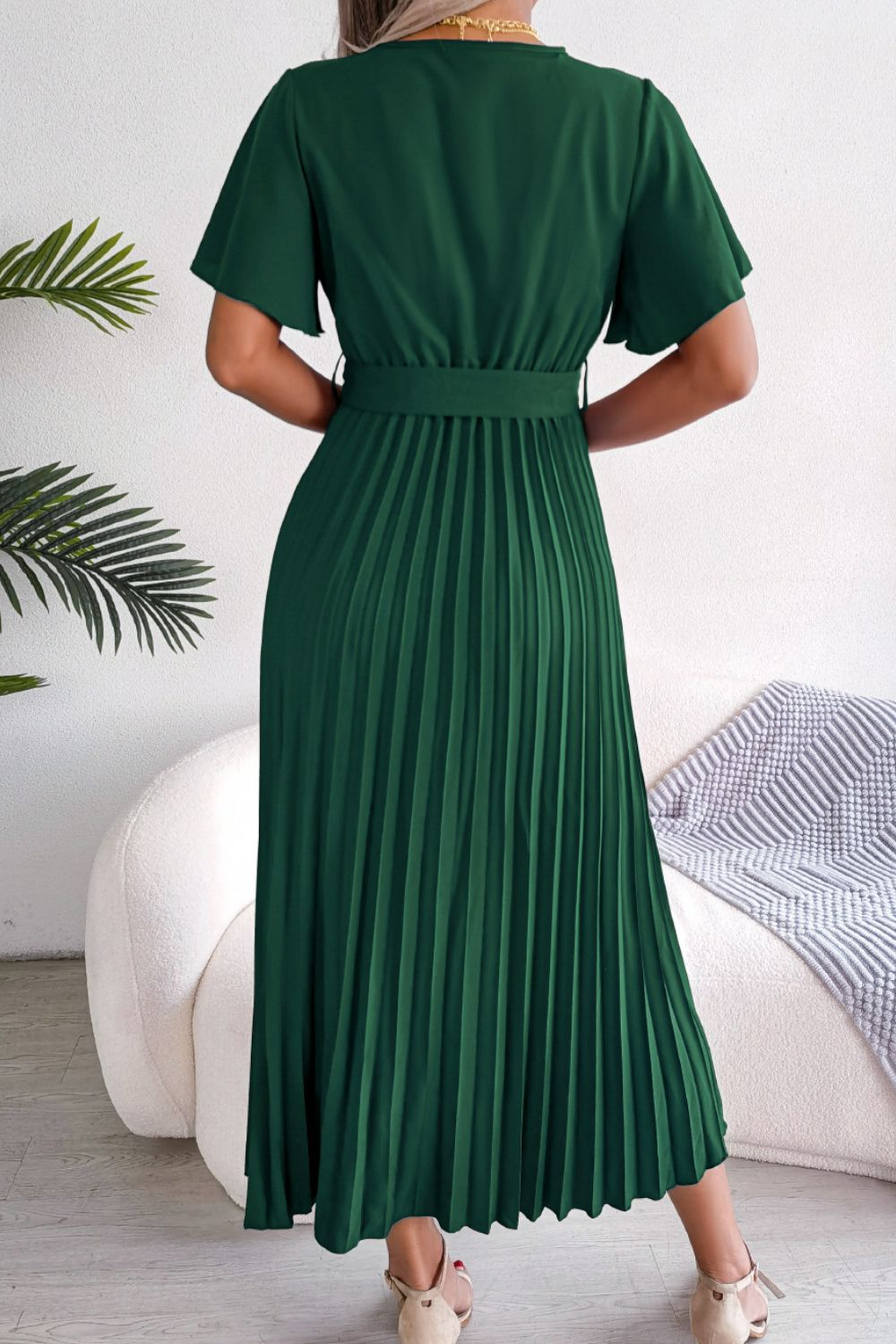 Pleated Flutter Sleeve Belted Dress - Dress - Green - Bella Bourget