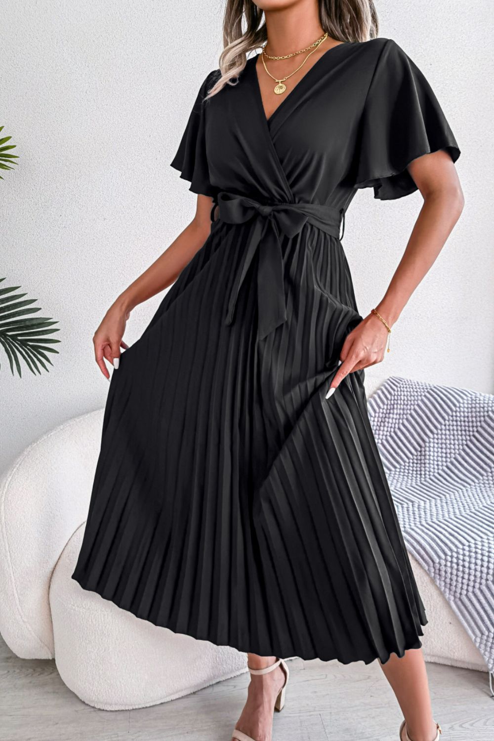 Pleated Flutter Sleeve Belted Dress - Dress - Black - Bella Bourget