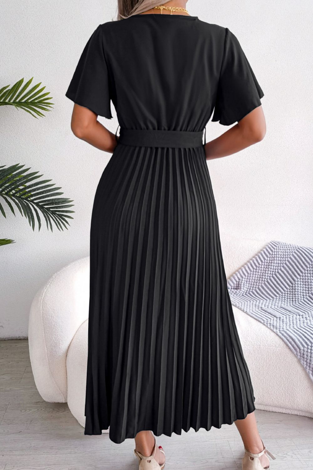 Pleated Flutter Sleeve Belted Dress - Dress - Black - Bella Bourget