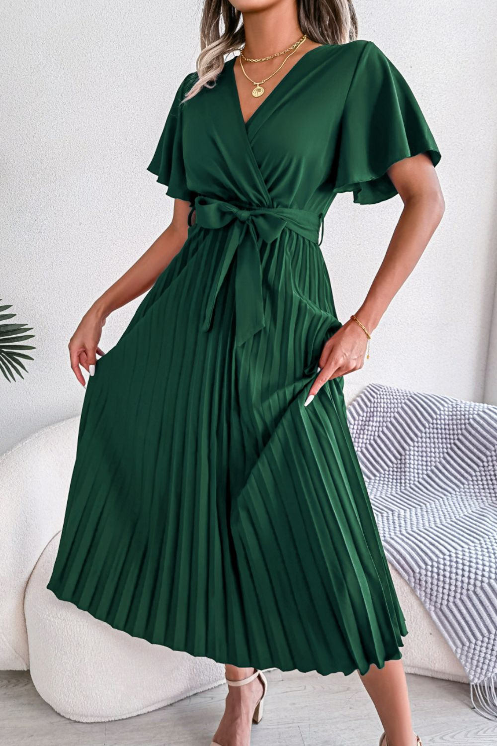 Pleated Flutter Sleeve Belted Dress - Dress - Green - Bella Bourget