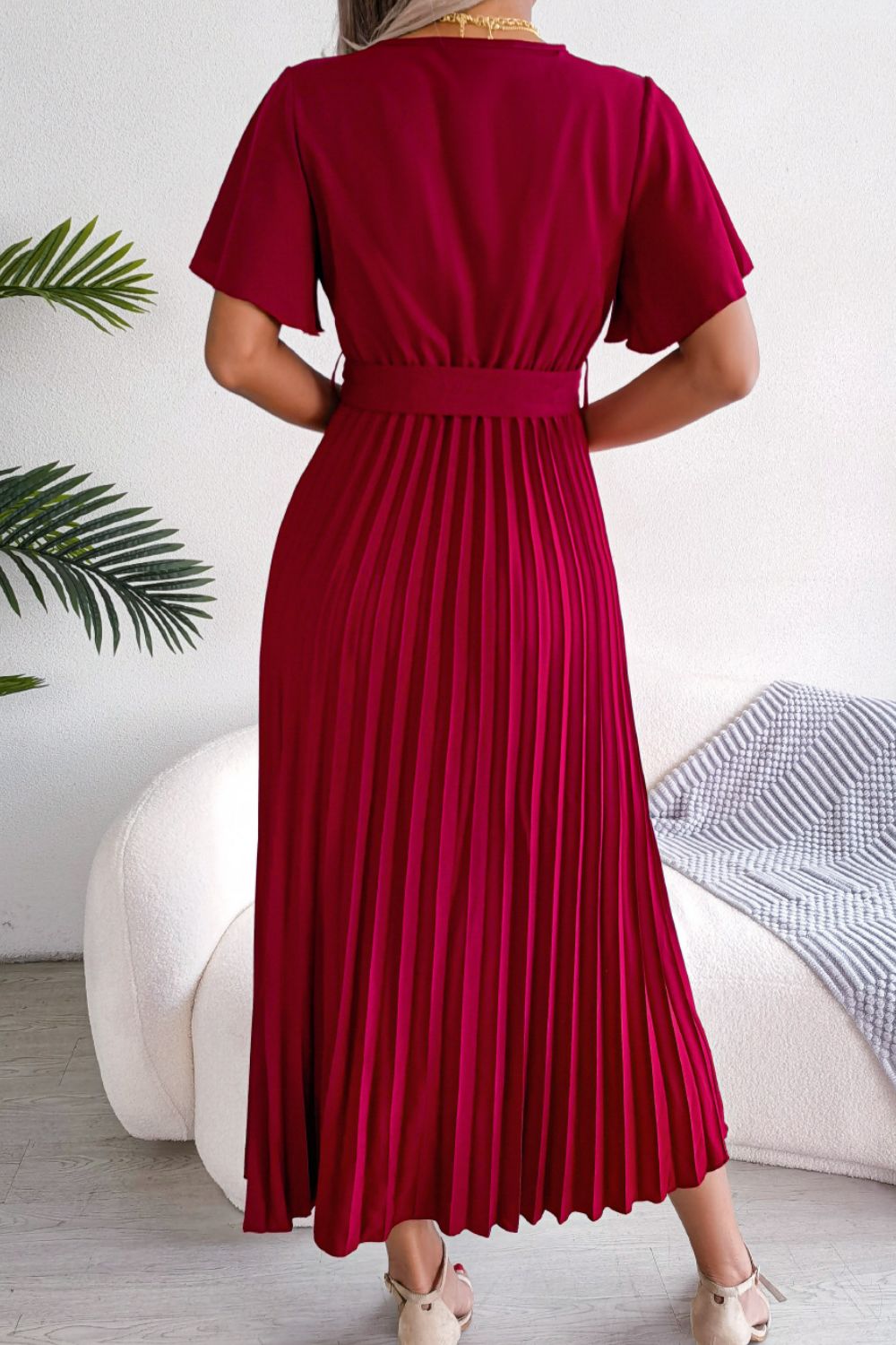 Pleated Flutter Sleeve Belted Dress - Dress - Red - Bella Bourget