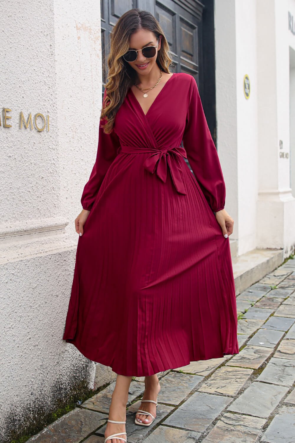 Pleated Long Sleeve Surplice Maxi Dress - Dress - Wine - Bella Bourget