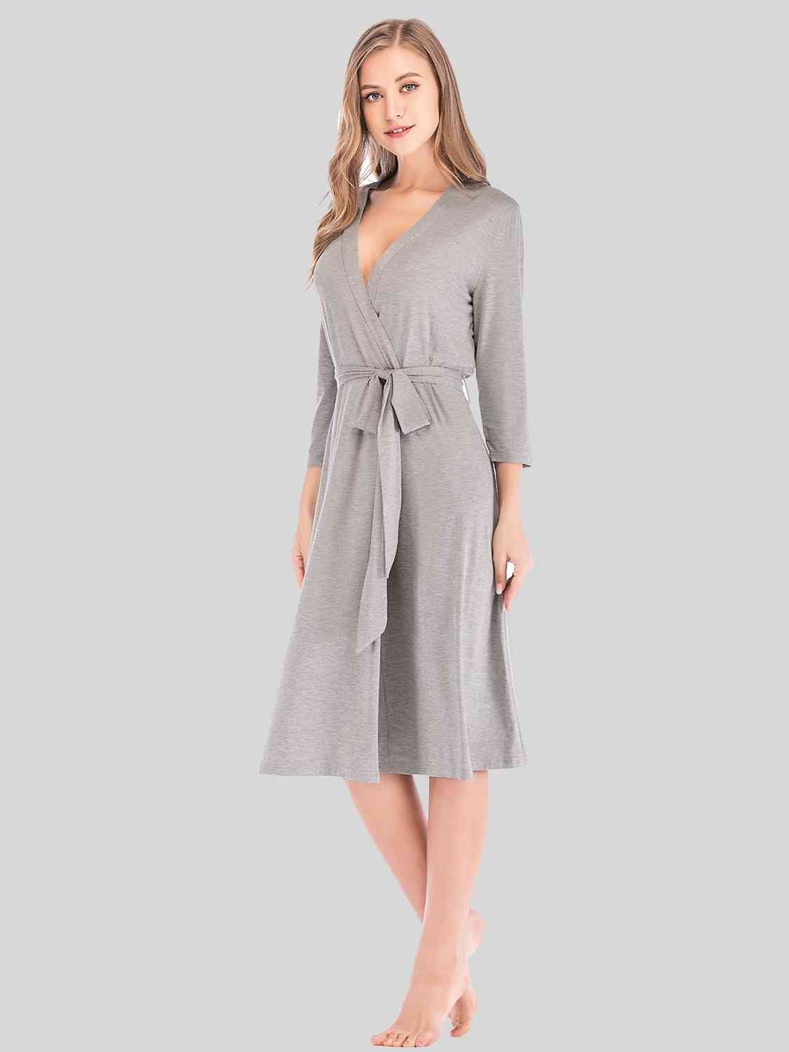 Plunge Tie Front Robe - Robe - Charcoal - Bella Bourget