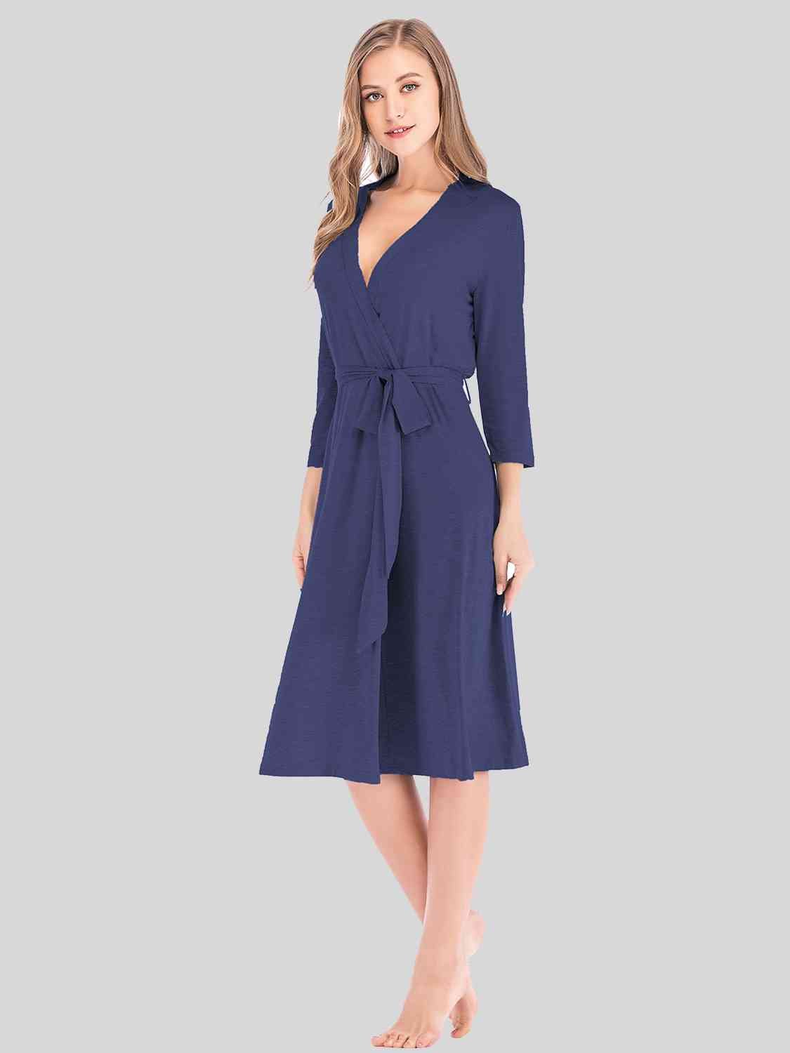 Plunge Tie Front Robe - Robe - Navy - Bella Bourget