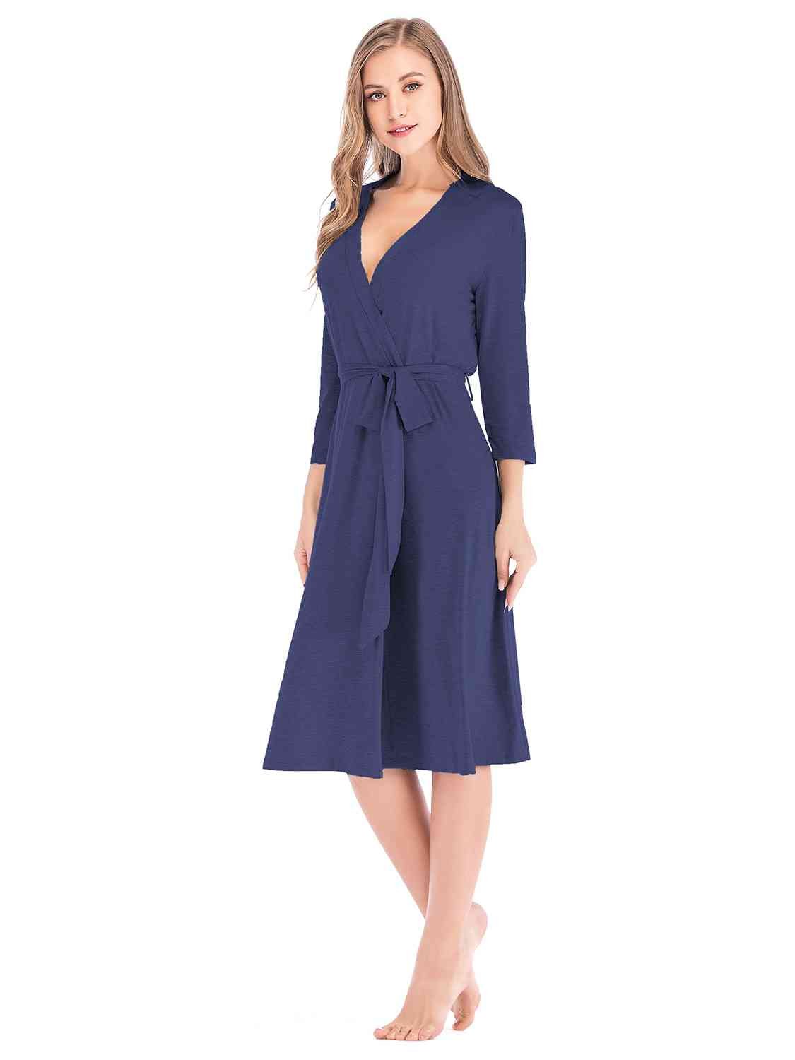 Plunge Tie Front Robe - Robe - Navy - Bella Bourget