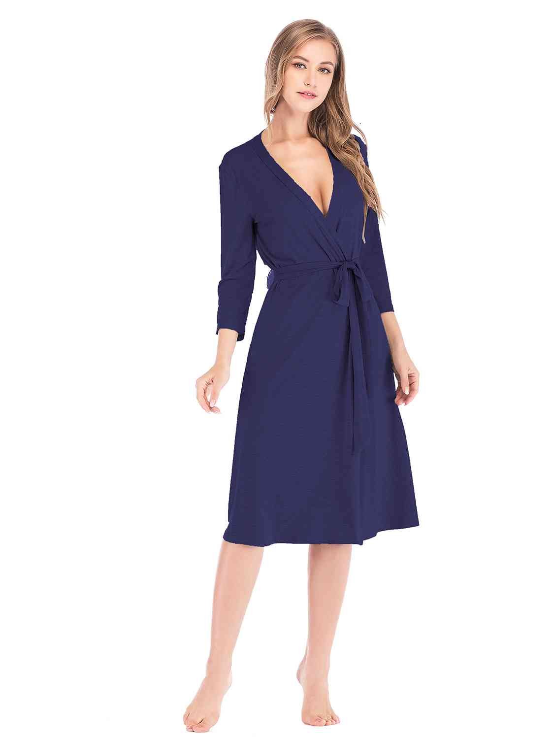 Plunge Tie Front Robe - Robe - Navy - Bella Bourget