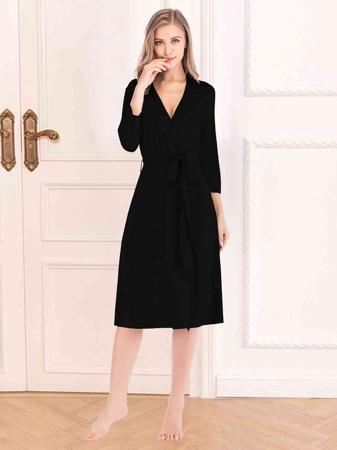 Plunge Tie Front Robe - Robe - Black - Bella Bourget