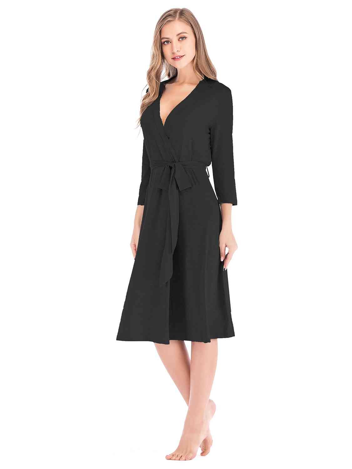 Plunge Tie Front Robe - Robe - Black - Bella Bourget