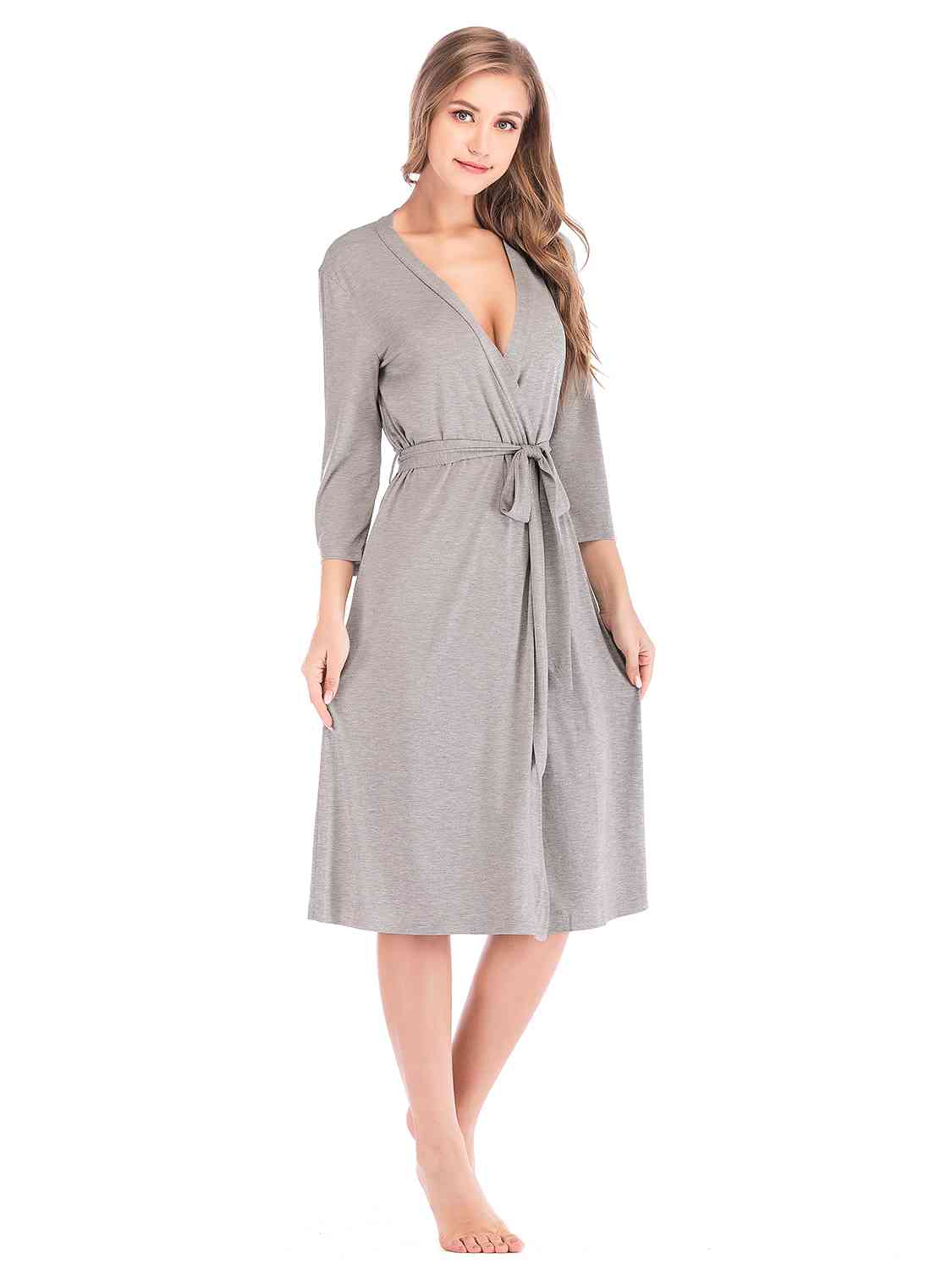 Plunge Tie Front Robe - Robe - Charcoal - Bella Bourget