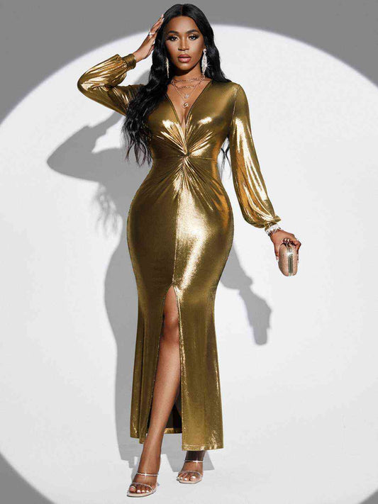Plunge Twisted Slit Midi Dress - Cocktail Dress - Gold - Bella Bourget