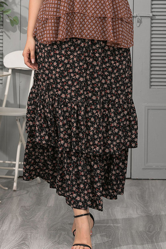 Plus Size Ditsy Floral Layered Maxi Skirt - Full Size Skirt - 黑色 - Bella Bourget