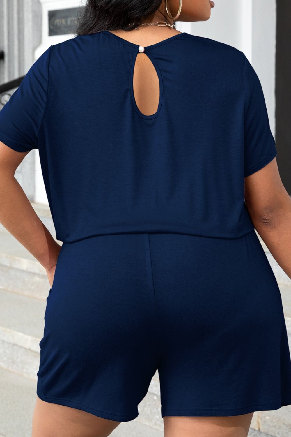 Plus Size Drawstring Waist Romper with Pockets - Romper - Navy - Bella Bourget