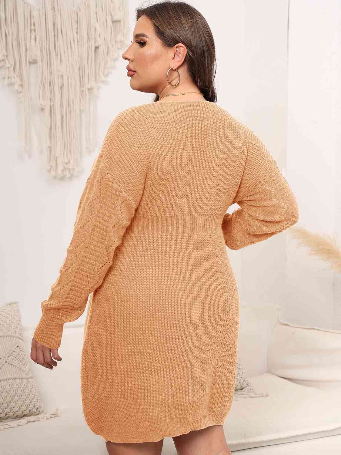 Full Size Dropped Shoulder Long Sleeve Knit Mini Dress - Full Size Sweater Dress - Sherbet - Bella Bourget