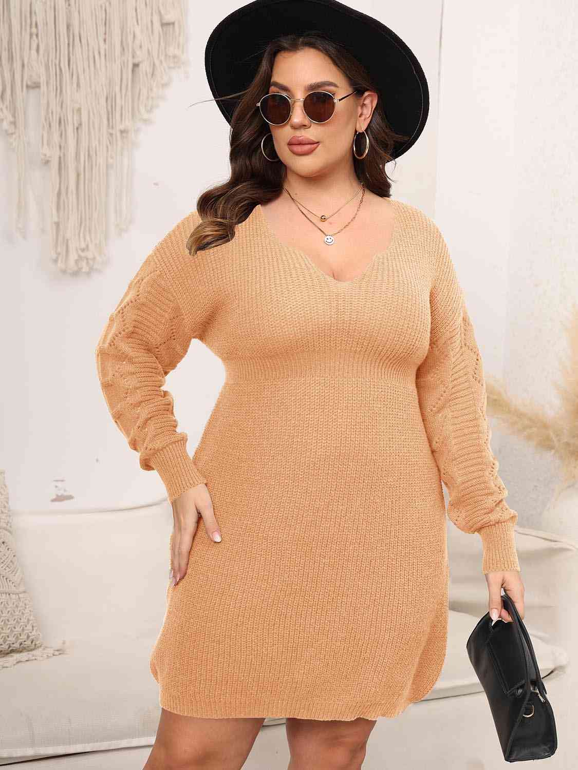 Full Size Dropped Shoulder Long Sleeve Knit Mini Dress - Full Size Sweater Dress - Sherbet - Bella Bourget