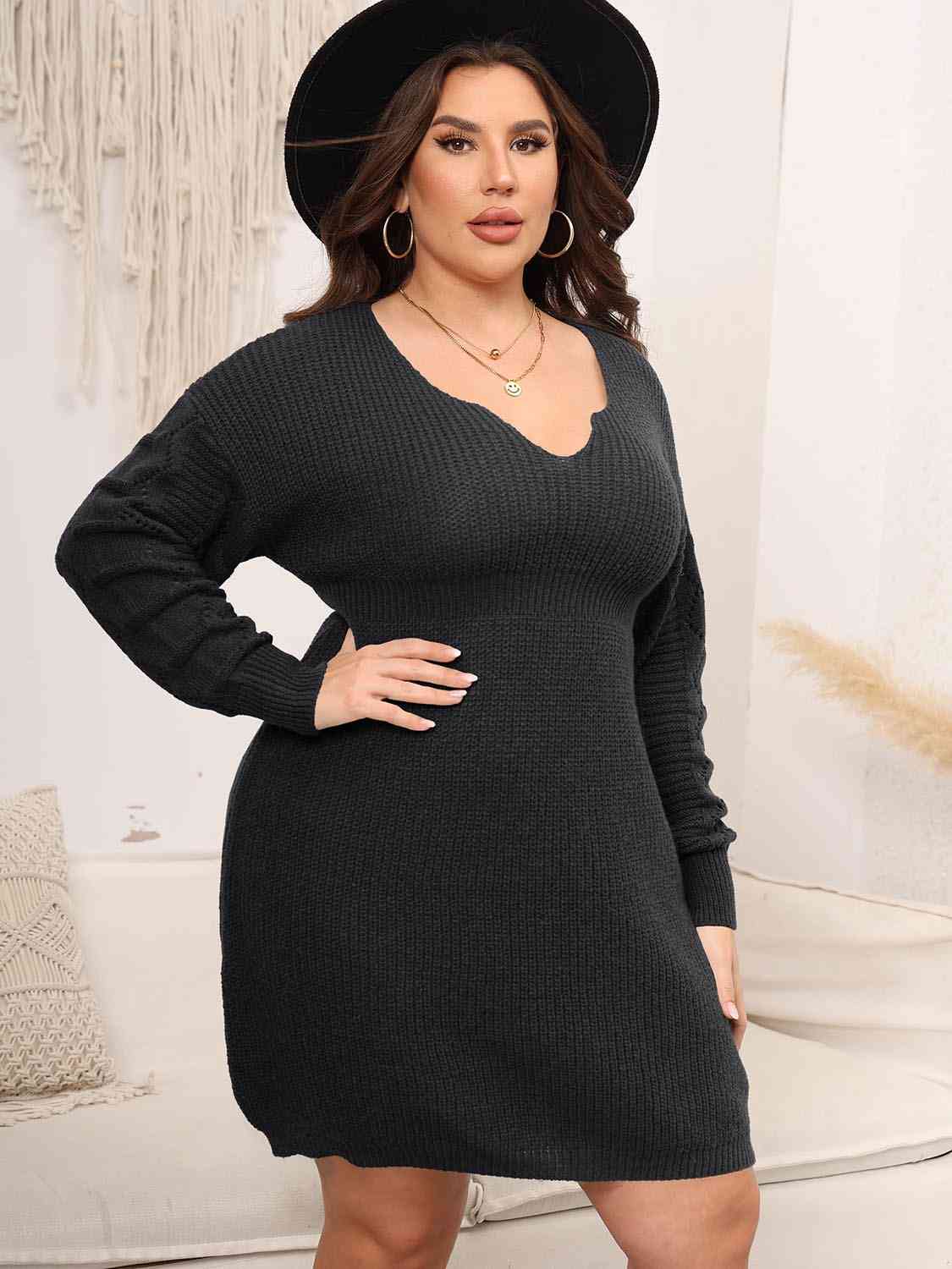 Full Size Dropped Shoulder Long Sleeve Knit Mini Dress - Full Size Sweater Dress - Black - Bella Bourget