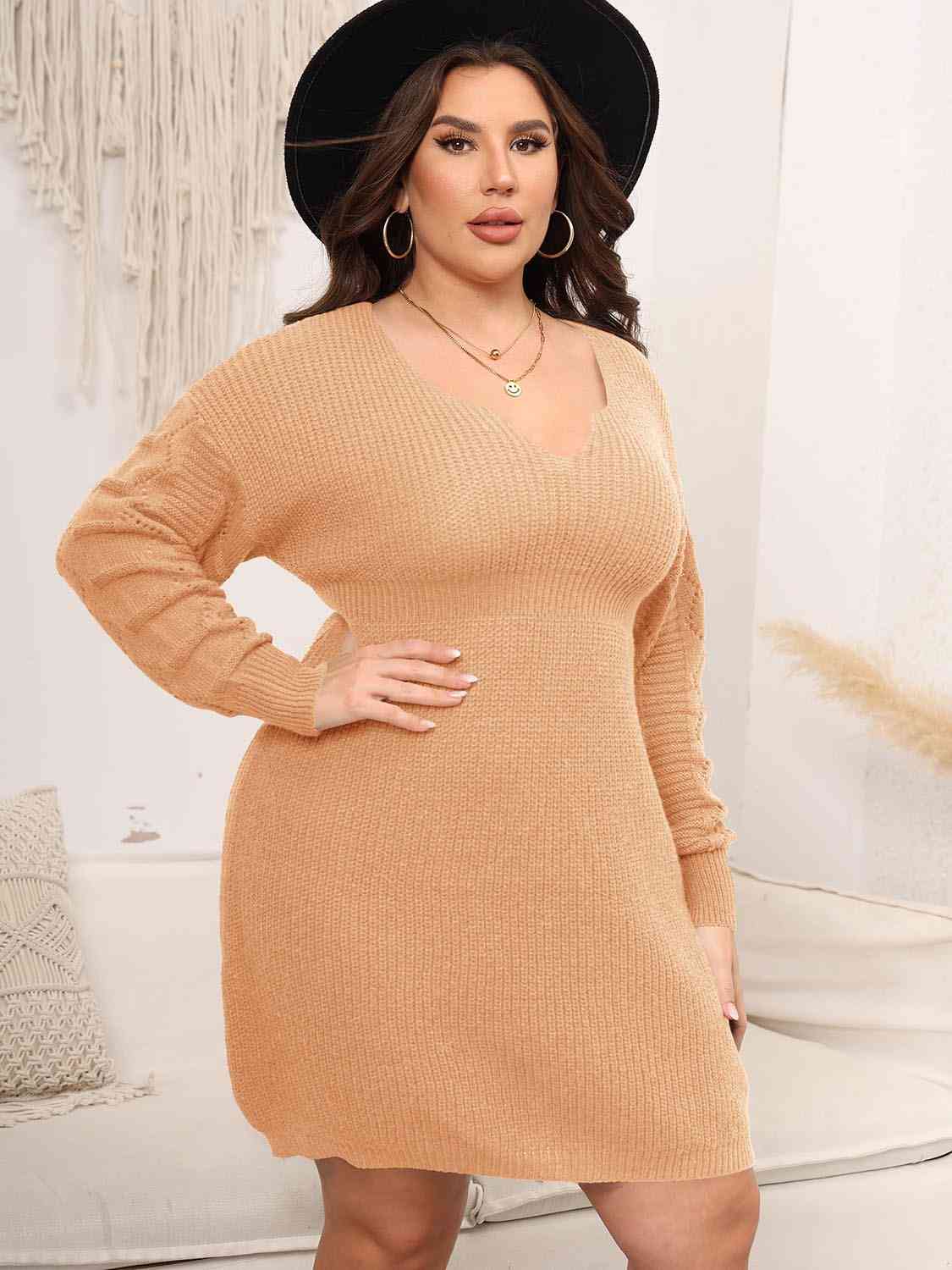 Full Size Dropped Shoulder Long Sleeve Knit Mini Dress - Full Size Sweater Dress - Sherbet - Bella Bourget