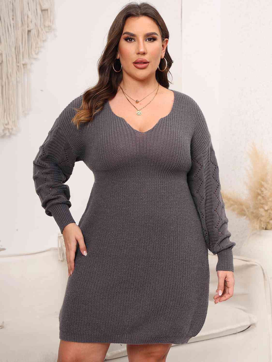 Full Size Dropped Shoulder Long Sleeve Knit Mini Dress - Full Size Sweater Dress - Charcoal - Bella Bourget